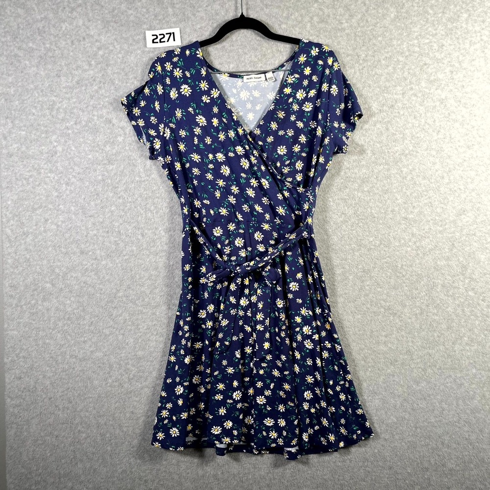 Rebel Sugar Sheath Dress‎ Womens XL Blue Floral Belted Waist Surplice Neck